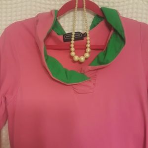 High collar pink and green dress